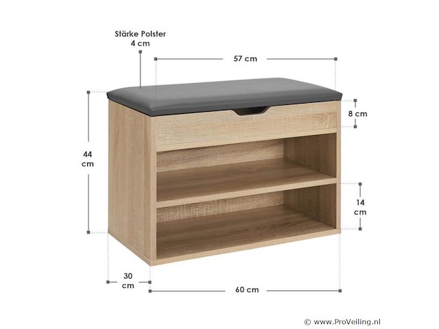 Schoenenkast / schoenenrek 2 vakken - 60 x 30 x 44 cm - houtkleur - incl. zitkussen - afbeelding 2 van  10