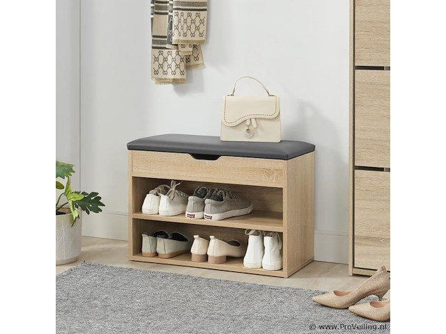 Schoenenkast / schoenenrek 2 vakken - 60 x 30 x 44 cm - houtkleur - incl. zitkussen - afbeelding 3 van  10
