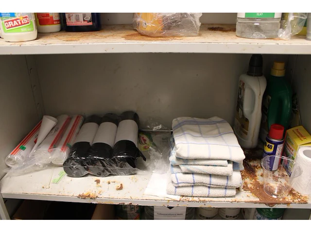 Schoonmaakartikelen en producten in en om kast w.o. bezem, zwabber, schoonmaakmiddelen, vuilniszakken enz. - afbeelding 5 van  7