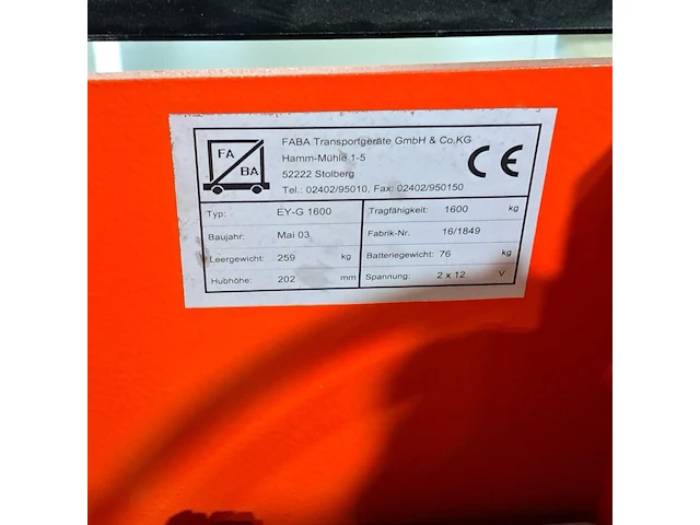 Semi elektrische palletwagen, faba, ey-g 1600, 2003 - afbeelding 2 van  17