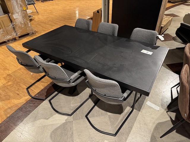 Set van 6 eetkamerstoelen, grijs bouclé stof, zwart onderstel - afbeelding 1 van  4