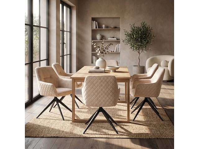 Set van 6 eetkamerstoelen met draaifunctie beige kuip met armleuningen - afbeelding 2 van  7