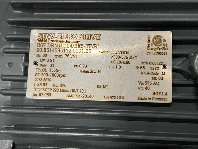Sew-eurodrive r67 drn100l4/be5/tf/ri 3kw reductiemotor - afbeelding 5 van  5