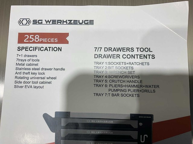 Sg werkzeuge 7/7 laden 258 pieces sg10-25l gereedschapswagen - afbeelding 22 van  66