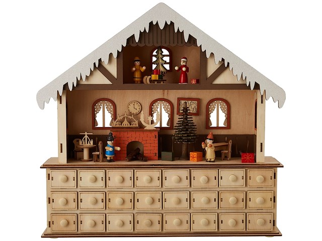 Small foot houten adventskalender woonkamer met lichtjes - afbeelding 1 van  4