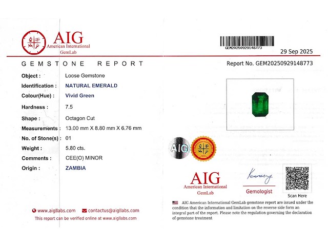 Smaragd 5.80 carat natuurlijke smaragd - afbeelding 6 van  6