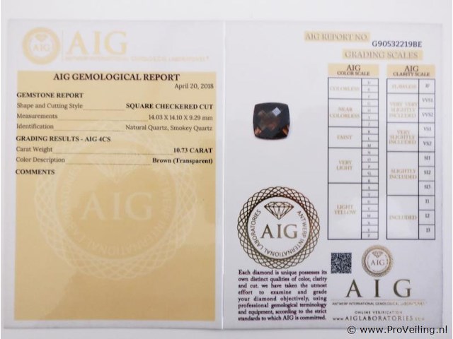 Smokey quartz 10.73ct aig certified - afbeelding 4 van  4