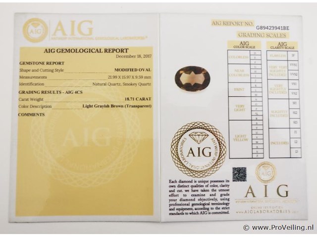 Smokey quartz 18.71ct aig certified - afbeelding 4 van  4