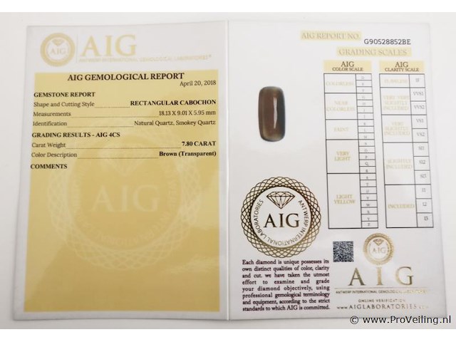 Smokey quartz 7.80ct aig certified - afbeelding 4 van  4