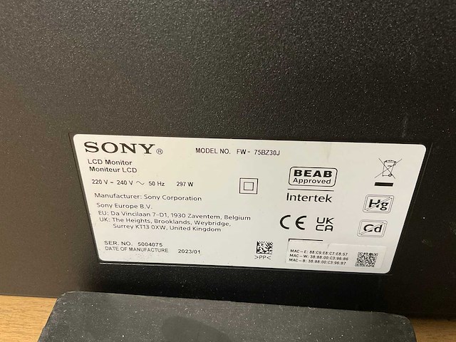 Sony (fw75bz30j) 75”, 3840x2160 (uhd) lcd monitor - afbeelding 6 van  6