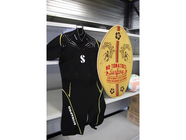 Sportieve strandset bestaande uit houten waveboard, wetsuit scuba pro, beachvolleybal en kleurrijke koelbox... - afbeelding 3 van  5