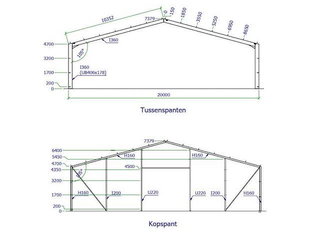 Staalconstructie 20x55 meter (ca. 1.100 m2) (zware uitvoering) - afbeelding 8 van  10