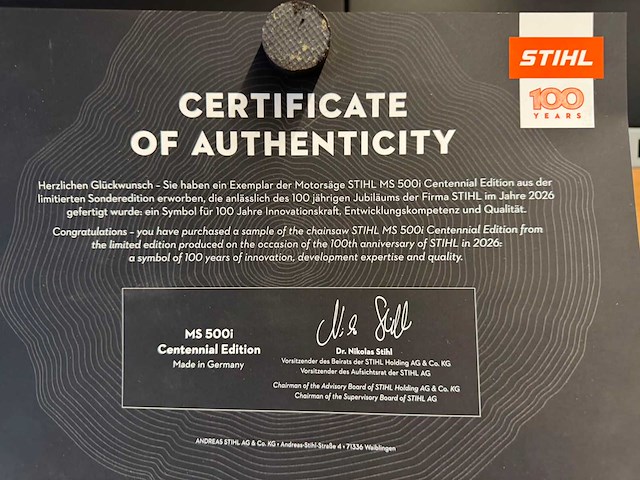 Stihl - 2026 - ms500i centennial edition - kettingzaag - afbeelding 6 van  9