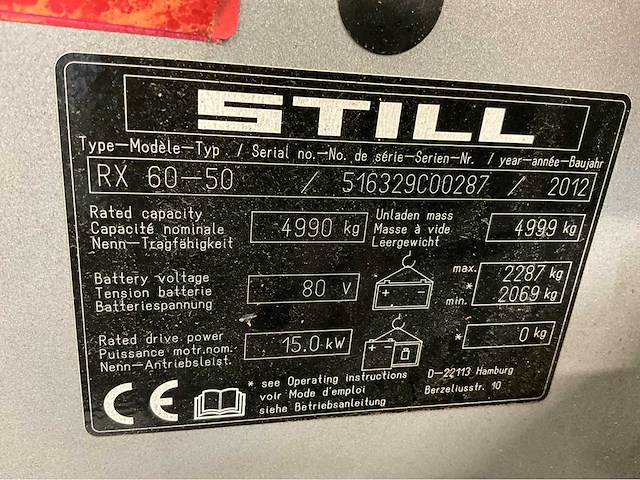 Still 5000kg- rx60-50 - vorkheftruck triplex - vorkenversteller - sideshift - freelift - accu 2015 met maar 1121 uur - afbeelding 11 van  24
