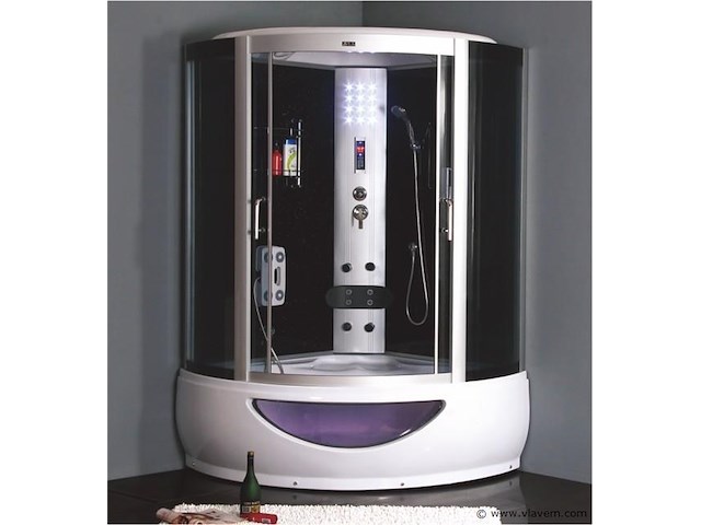 Stoomcabine met whirlpool massagebad - halfrond - wit bad met zwarte cabine 135x135x200cm - afbeelding 1 van  2