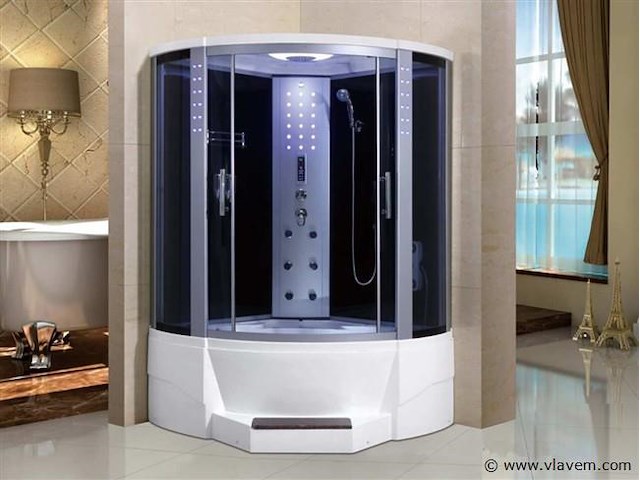 Stoomcabine met whirlpool massagebad - halfrond - wit bad met zwarte cabine 135x135x220 cm - afbeelding 1 van  10