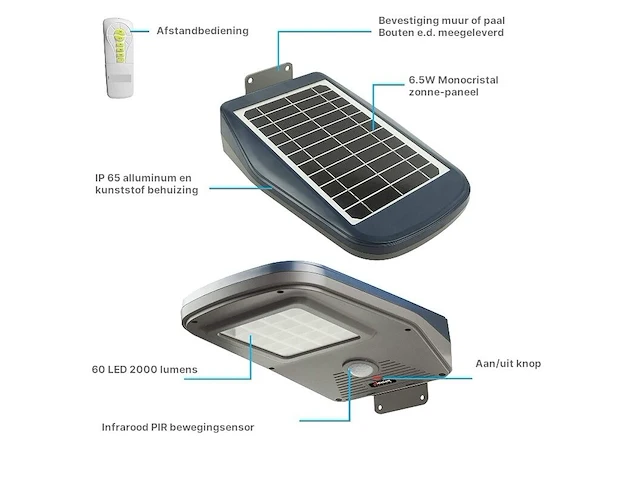 Straatverlichting zonne-energie 6.5 watt led, lamp zonne-energie - afbeelding 2 van  5