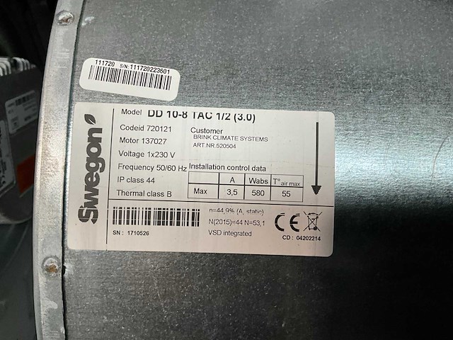 Swegon dd 10-8 tac 1/2 centrifugaal ventilator (5x) - afbeelding 5 van  5