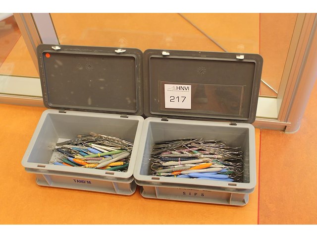 Tandarts gereedschappen in twee kunststof kratjes w.o. haken en pincetten - afbeelding 1 van  3
