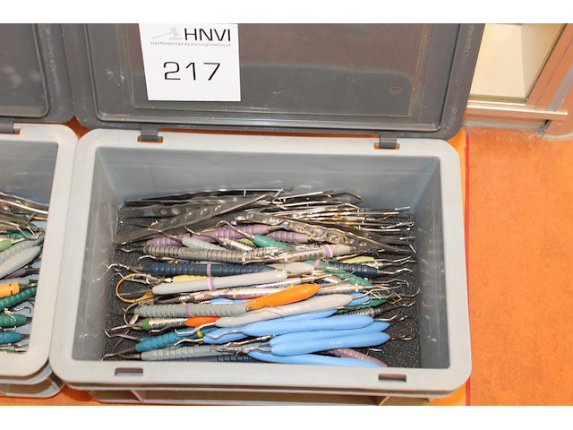 Tandarts gereedschappen in twee kunststof kratjes w.o. haken en pincetten - afbeelding 2 van  3
