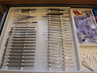 Tandartsgereedschappen w.o. tandsteen haken, mondspiegels, pincetten, etc. in 2 laden. - afbeelding 2 van  5
