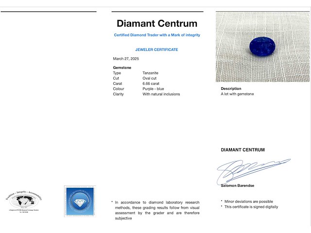 Tanzaniet - 6.66 carat natuurlijke tanzaniet (gecertificeerd) - afbeelding 2 van  2