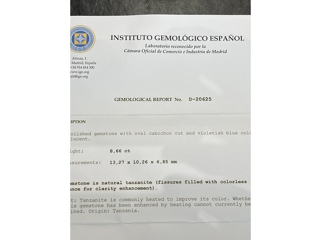 Tanzaniet - 8.66 carat natuurlijke tanzaniet (gecertificeerd) - afbeelding 3 van  4