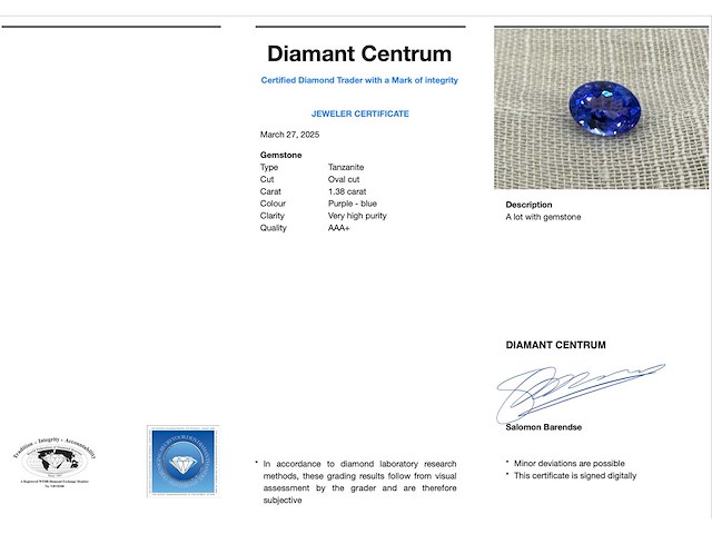 Tanzaniet 1.38 carat zeer hoge kwaliteit natuurlijke tanzaniet - afbeelding 3 van  3