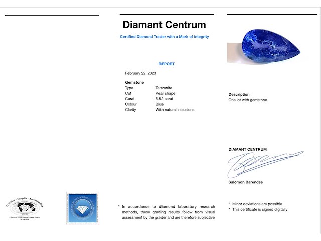 Tanzaniet 5.82 carat natuurlijke tanzaniet gecertificeerd - afbeelding 3 van  3