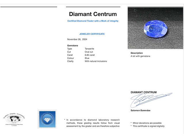 Tanzaniet 6.85 carat natuurlijke tanzaniet gecertificeerd - afbeelding 1 van  4