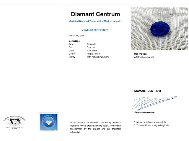 Tanzaniet 7.11 carat natuurlijke tanzaniet gecertificeerd - afbeelding 3 van  3