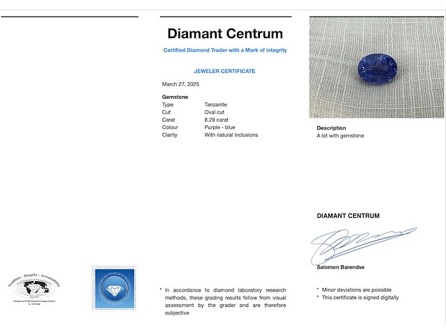 Tanzaniet 8.29 carat natuurlijke tanzaniet gecertificeerd - afbeelding 3 van  3