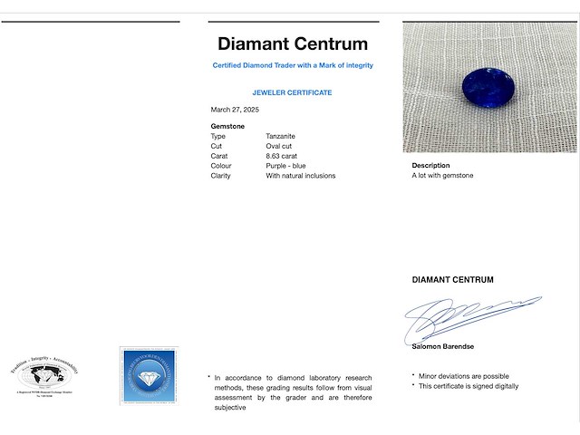 Tanzaniet 8.63 carat natuurlijke tanzaniet gecertificeerd - afbeelding 3 van  3