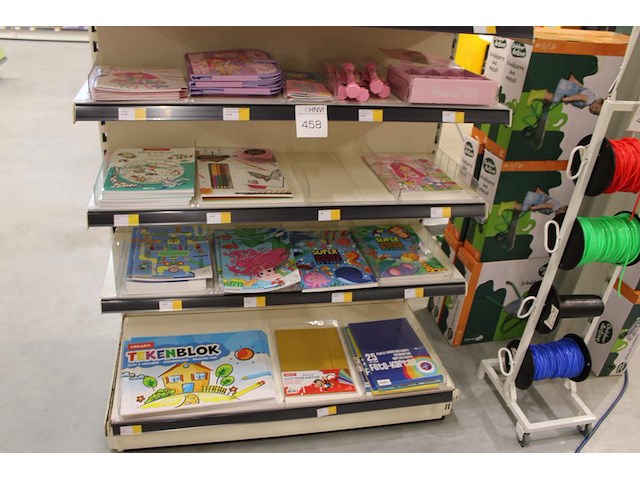 Teken- en kleurboeken, fotokarton en princess mimi producten in vier schappen. - afbeelding 1 van  2