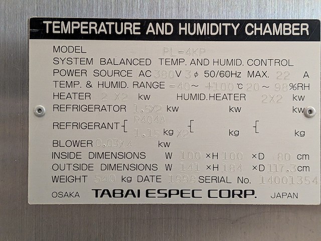 Temperatuur en vochtigheidskamer, tabai espec, accretech, pl-4kp, 1998 - afbeelding 19 van  29