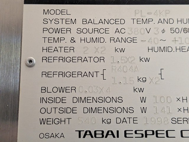Temperatuur en vochtigheidskamer, tabai espec, accretech, pl-4kp, 1998 - afbeelding 21 van  29