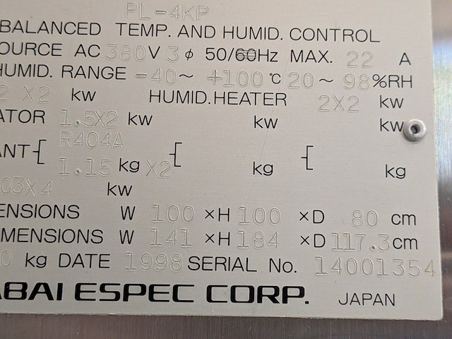 Temperatuur en vochtigheidskamer, tabai espec, accretech, pl-4kp, 1998 - afbeelding 22 van  29