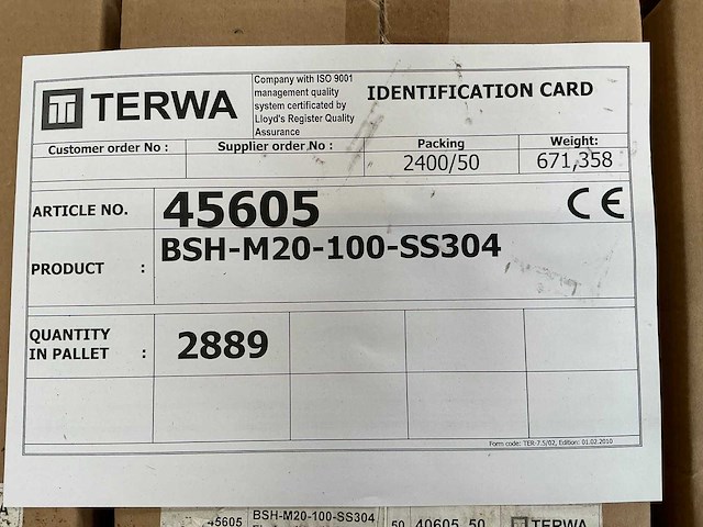 Terwa bsh-m20-100-ss304 bevestigingselement (2889x) - afbeelding 4 van  5