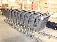 Tien winkelwagens wanzi. inclusief metalen stallingsbeugel met kettingsysteem en twee kinderwinkelwagens. l...