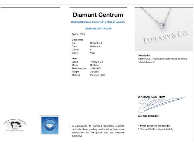Tiffany & co - platina solitaire halscollier met een natuurlijke diamant - afbeelding 3 van  8