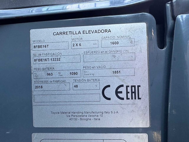 Toyota - 2018 - 8-fbe-16-t - 3.3m duplex, free-lift, side-shift - vorkheftruck - afbeelding 4 van  14