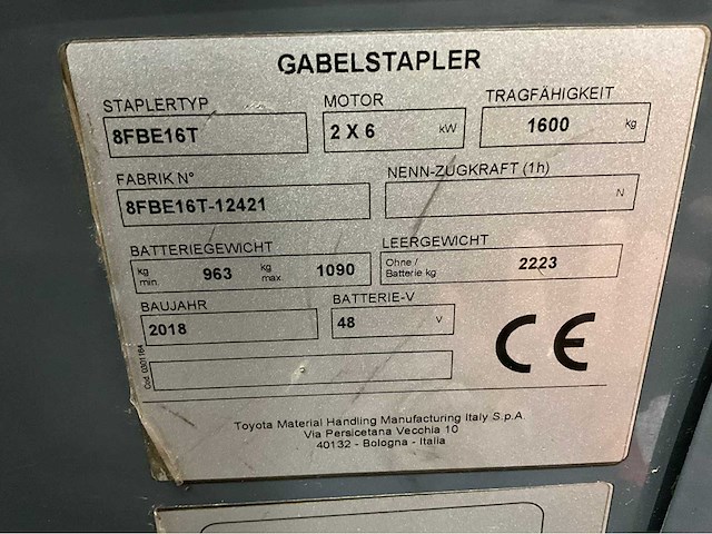 Toyota - 2018 - 8fbe16t - vorkheftruck, freelift - side-shift - kunststof dak - 4e functie - afbeelding 10 van  18