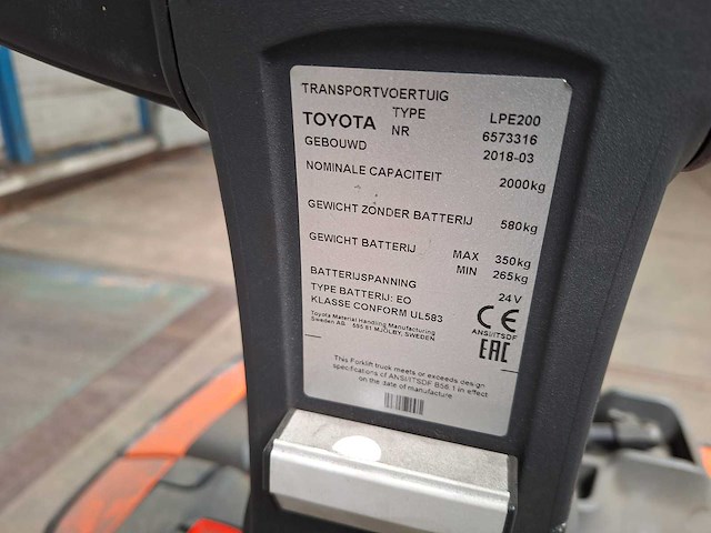 Toyota - 2018 - lpe 200 - elektrische palletwagen - afbeelding 9 van  9