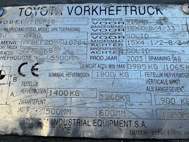 Toyota 7fbef18 vorkheftruck - afbeelding 7 van  15