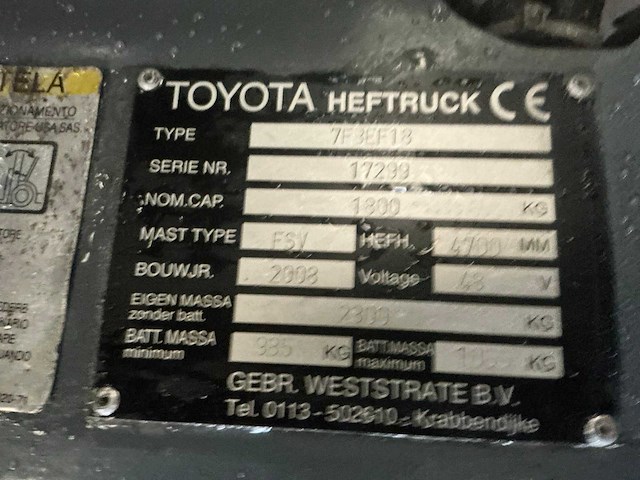 Toyota 7fbef18 vorkheftruck - afbeelding 9 van  18
