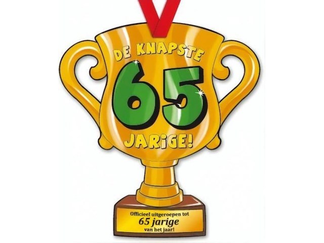 Trofee met lint en tekst de knapste 65 jarige 45 x - afbeelding 1 van  3