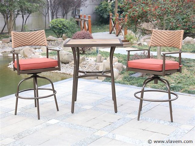 Tuinset 3-delig - barset hoog - bruin wicker + rode kussens - afbeelding 1 van  3