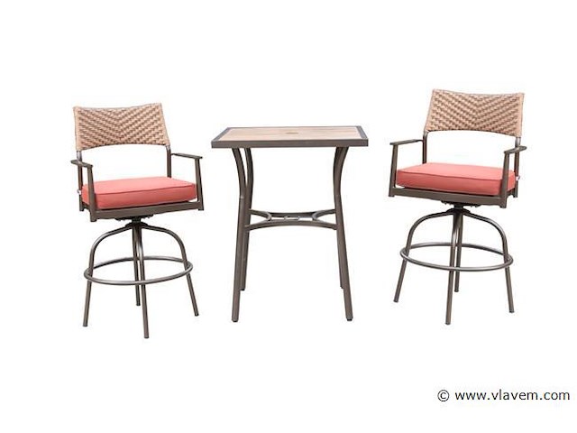 Tuinset 3-delig - barset hoog - bruin wicker + rode kussens - afbeelding 2 van  3