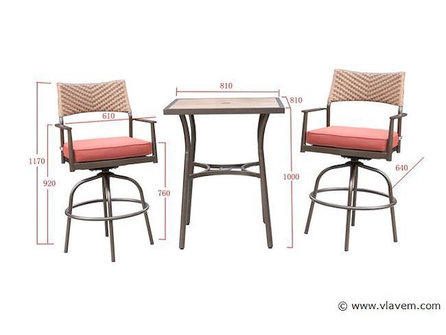 Tuinset 3-delig - barset hoog - bruin wicker + rode kussens - afbeelding 3 van  3