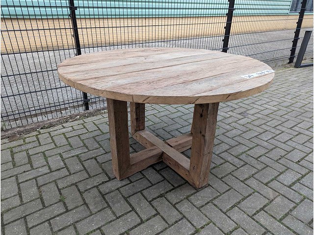 Tuintafel oud eikenhout 130cm rond. houten onderstel - afbeelding 1 van  3